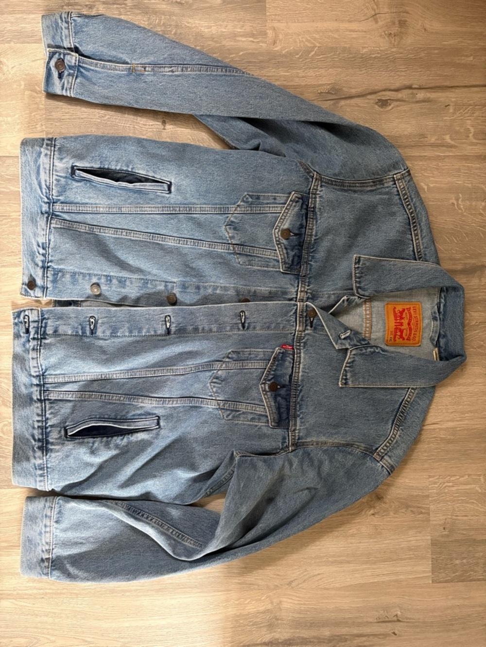 Levi's Light Blue Denim Trucker Jacket with Tan Leather Patch